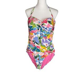 Anne Cole Womens Floral Twist Front Ruched One Piece Swimsuit Multicolor 12